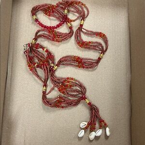 Handcrafted Red Beaded Multi-Strand Necklace with Shell Tassel
